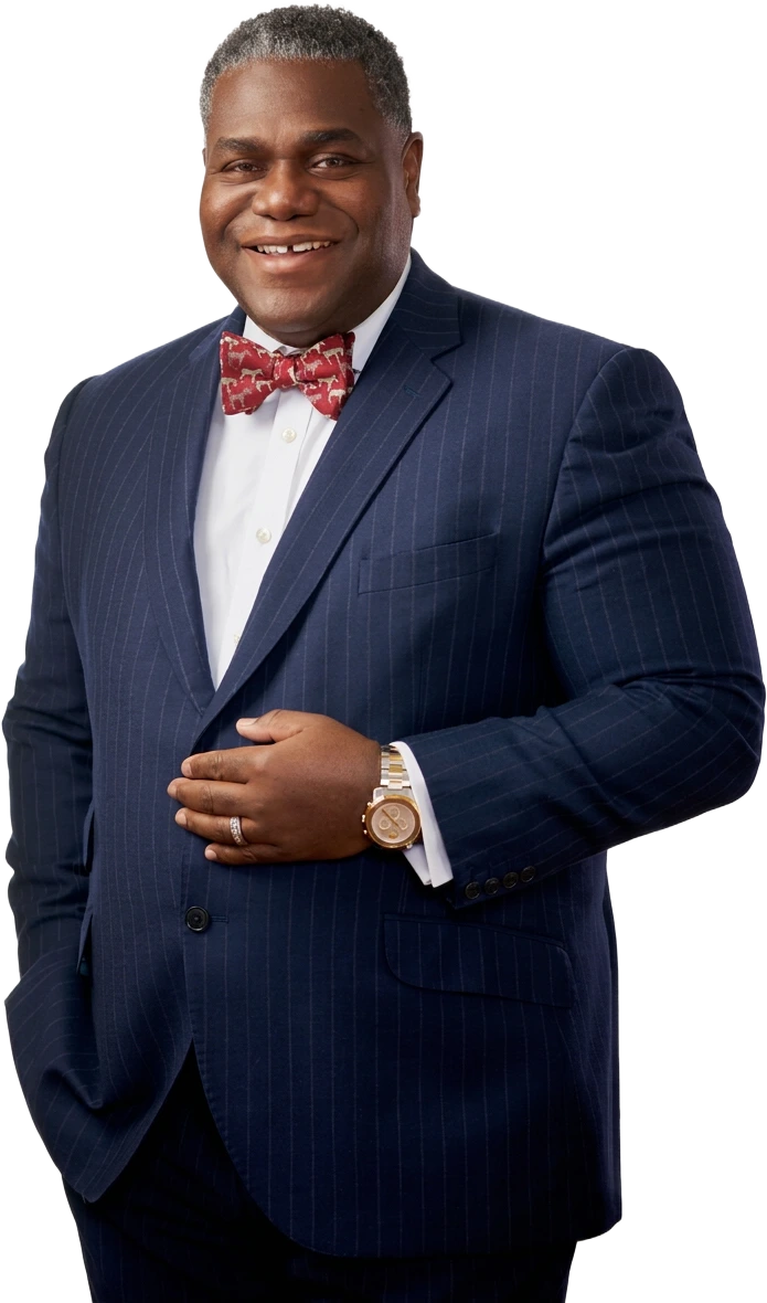 Kimble Lewis in a navy pinstripe suit