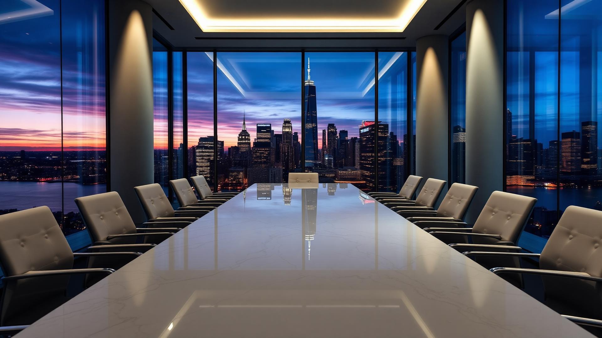 Ultra-modern executive boardroom overlooking the New York City skyline and Freedom Tower at dusk